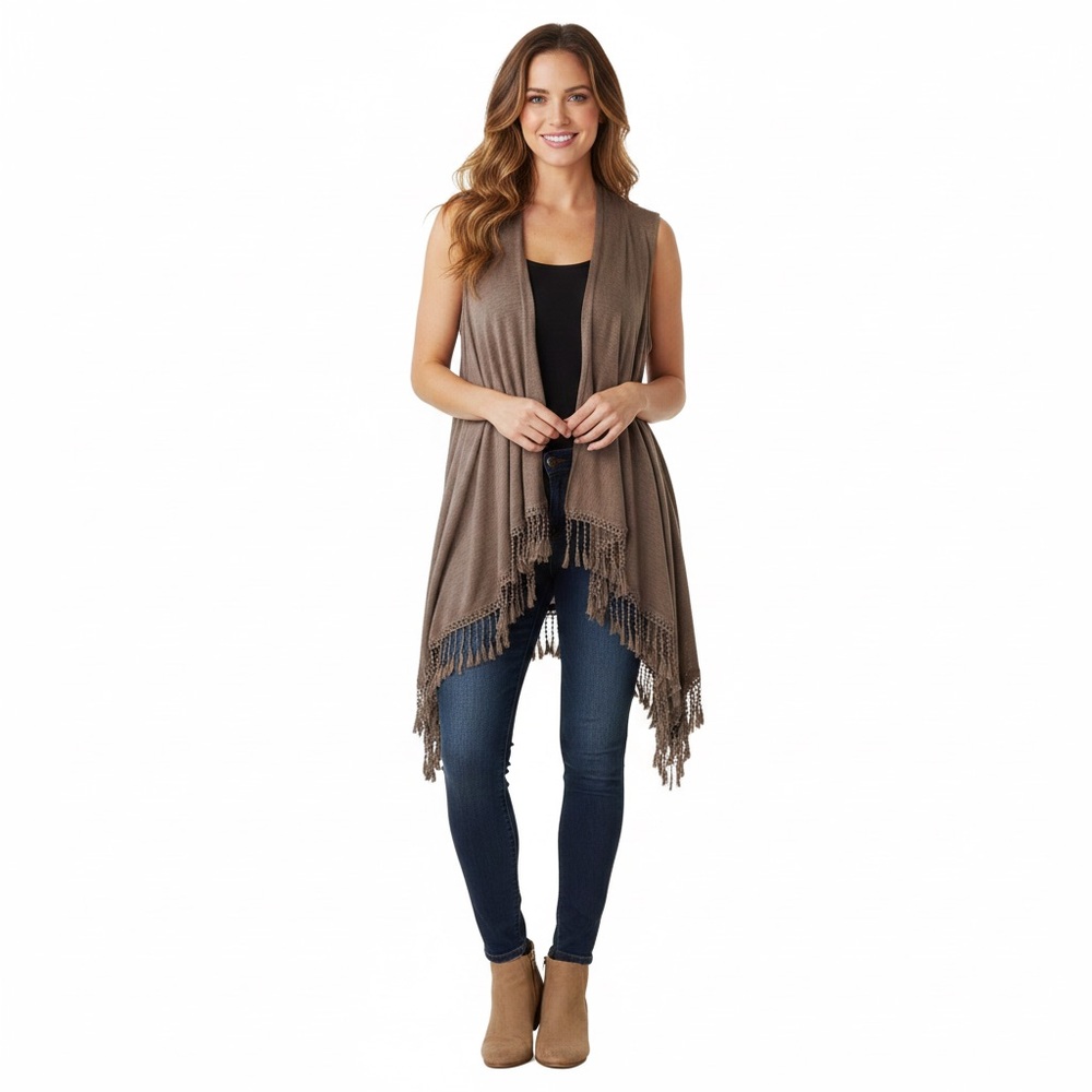 Inseparable Women's Vest Open Front Boho Fringe Topper Tassel Hem Taupe Size L